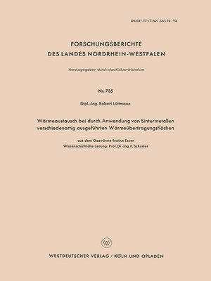 cover image of Wärmeaustausch bei durch Anwendung von Sintermetallen verschiedenartig ausgeführten Wärmeübertragungsflächen